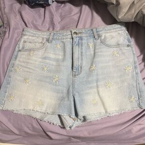 Light Blue Denim Mom Shorts with Floral Embroidery